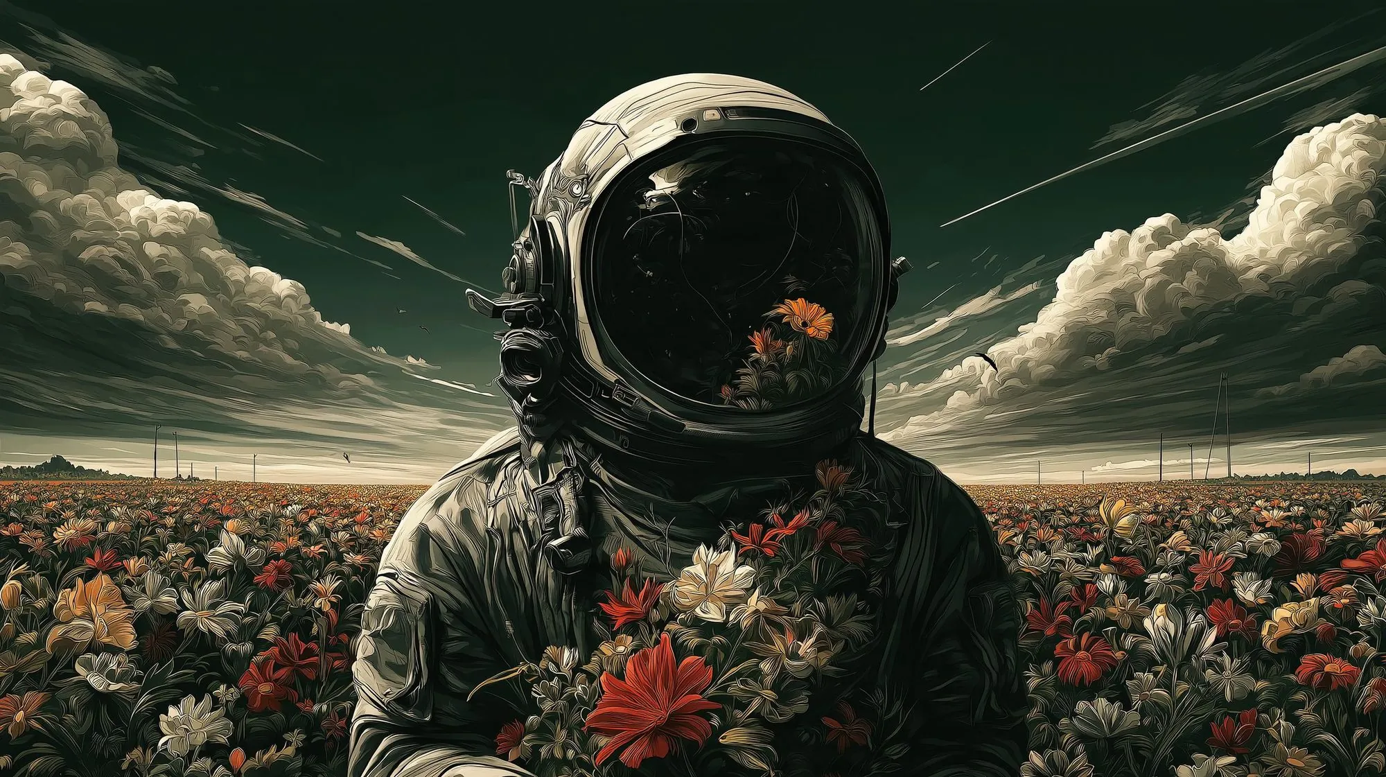 An astronaut standing in a field of wildflowers beneath a stormy sky