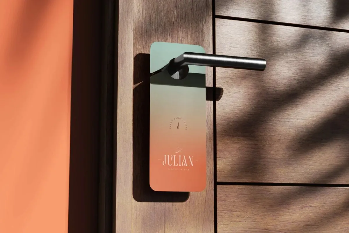Julian Hotel and Bar door hanger on a modern hotel door